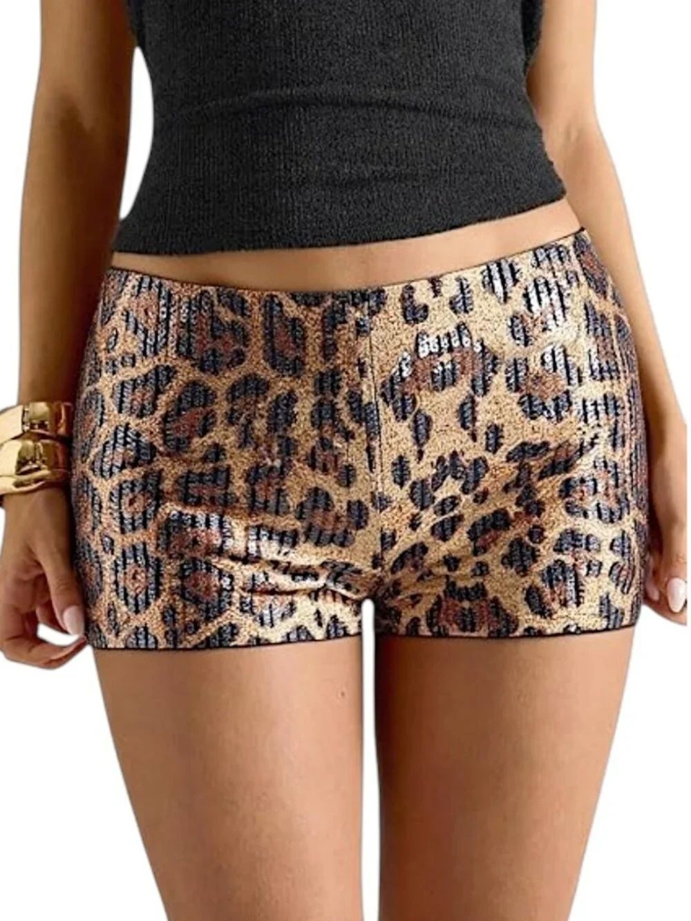 Women's Leopard Print Sequin Micro Shorts Size L